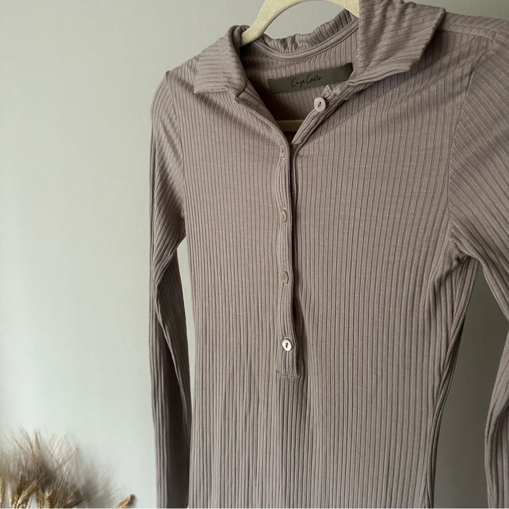 Enza Costa Rib Knee-Length Polo Dress in Oatmeal - Picture 8 of 8